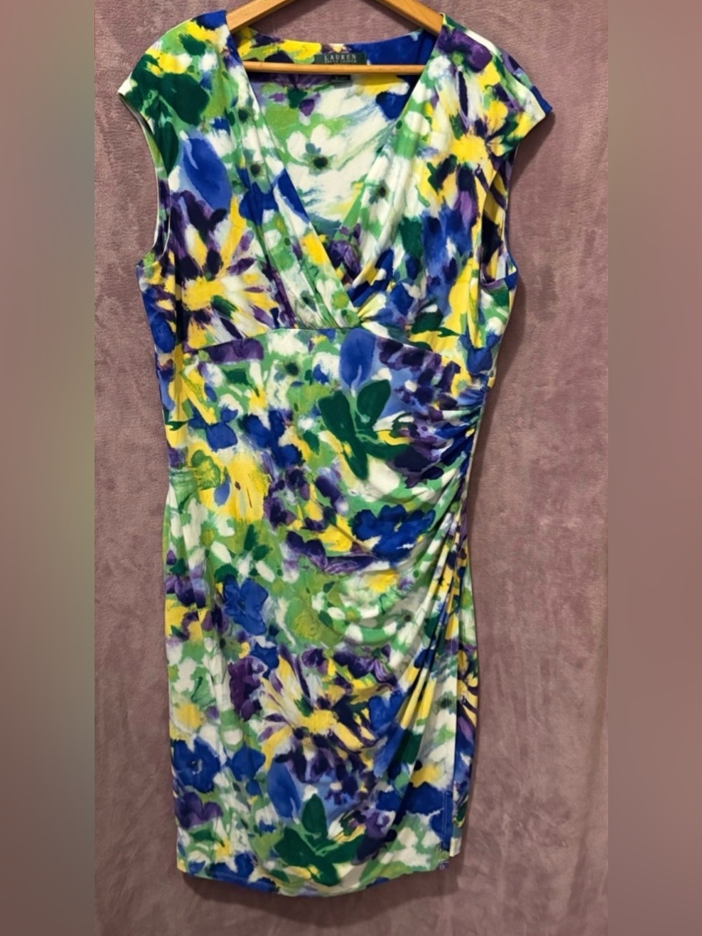 Lauren Ralph Lauren Floral Faux-Wrap Midi Dress in Blue, Yellow & Green Size 16